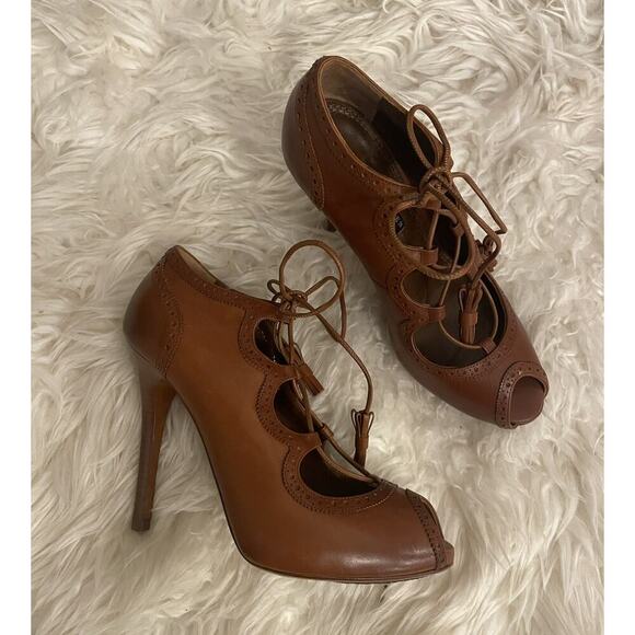 Ralph Lauren Collection Ankle Lace Up Booties Peep Toe High Heels Leather 7.5 - Picture 1 of 12